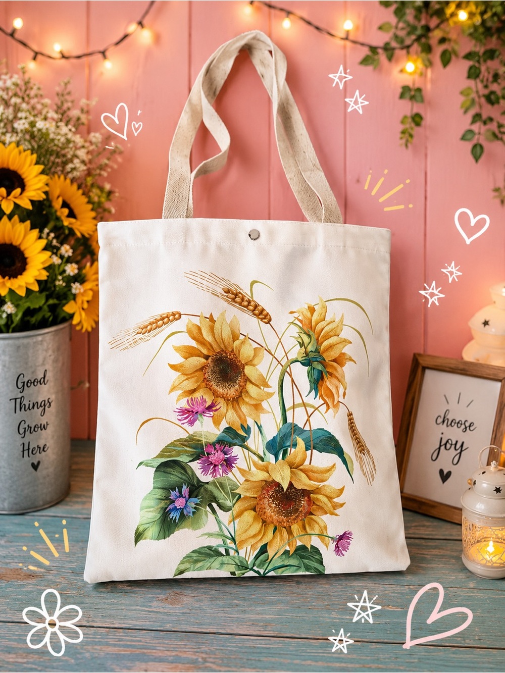 Sunflower Canvas Tote -Yellow Floral Print measures 13x15(w/o shoulder straps)